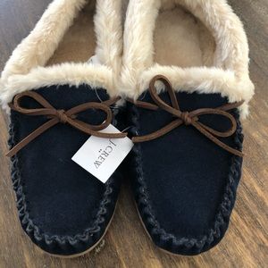 J Crew Suede Faux-shearling moccasin slippers
